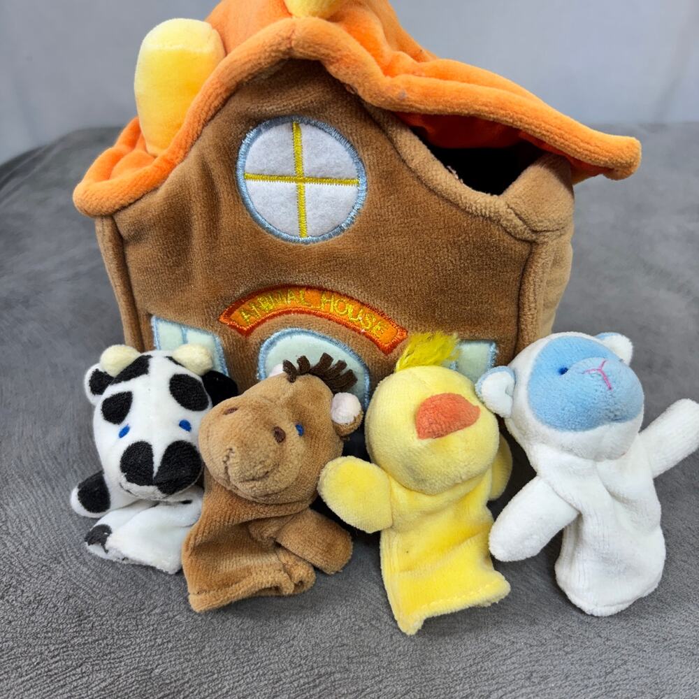 Russ Baby Animal House Plush Toy & 4 Fingers Puppets Sheep Duck Cow Horse